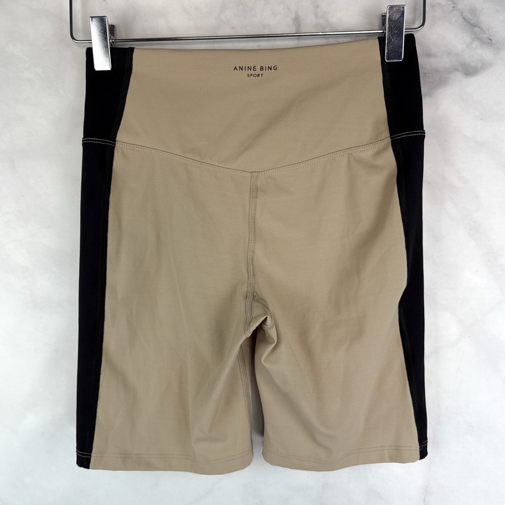 Anine Bing Sport Blake High Waisted Biker Shorts Activewear Athleisure Tan Black - Picture 6 of 11
